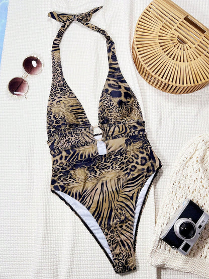 Swim Chiccia Leopard Print Plunge Neck Sexy Backless Swimsuit, Festival Boho For Summer Beach Vacation