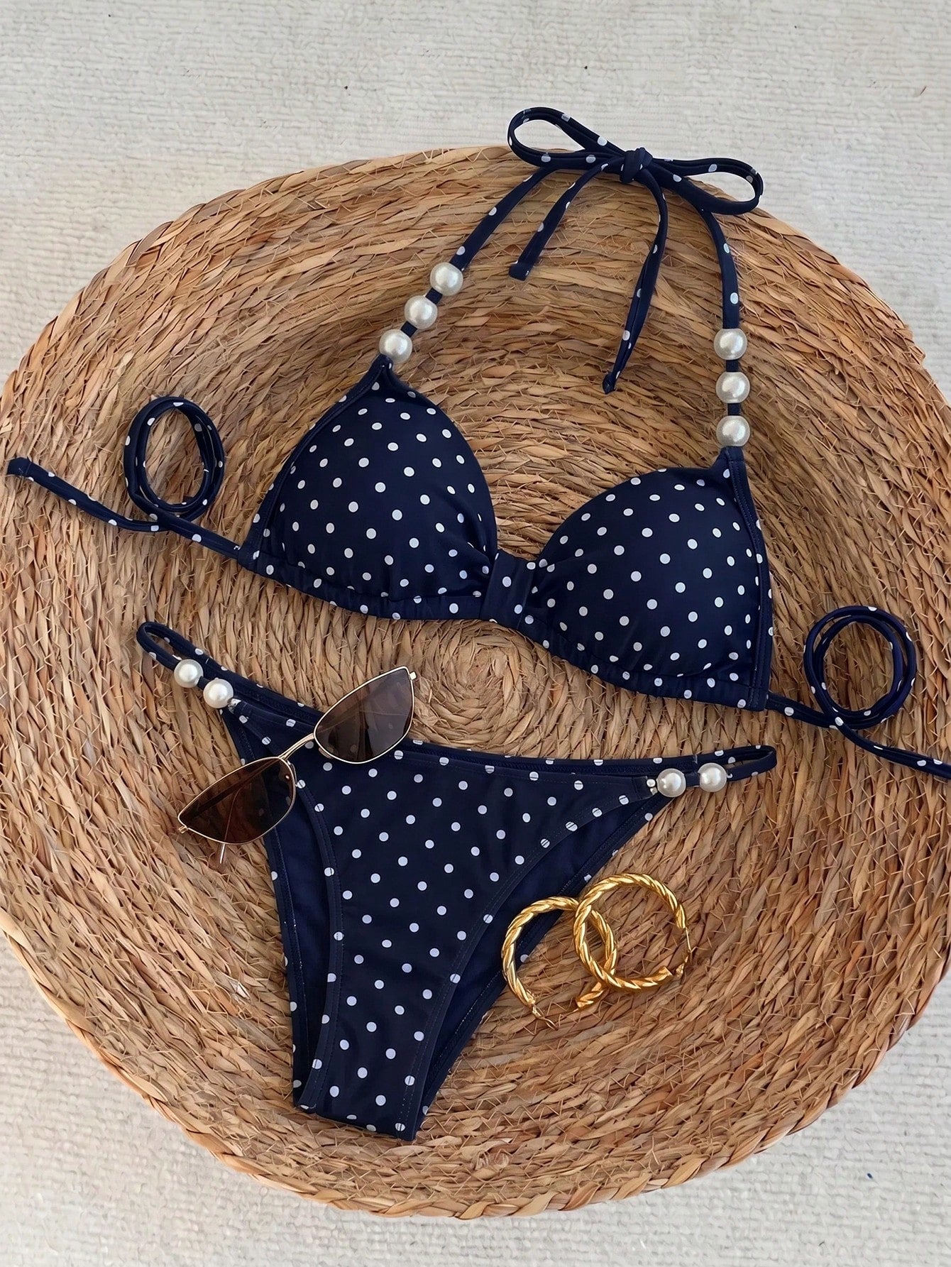 Swim Chiccia Spring/Summer Beaded Decor Polka Dot Halter Tie Bikini Two-Piece Swimsuit Set
