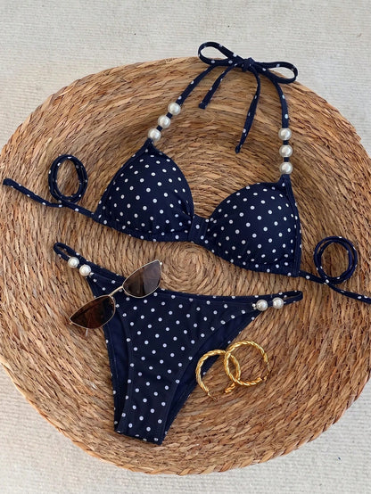 Swim Chiccia Spring/Summer Beaded Decor Polka Dot Halter Tie Bikini Two-Piece Swimsuit Set