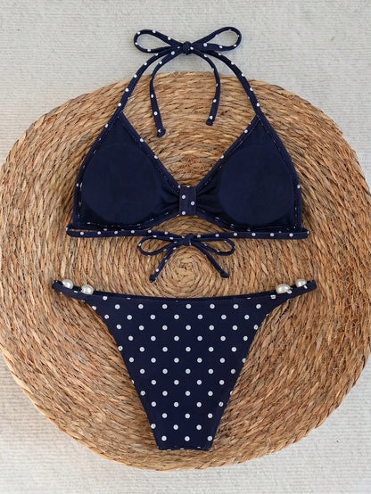 Swim Chiccia Spring/Summer Beaded Decor Polka Dot Halter Tie Bikini Two-Piece Swimsuit Set