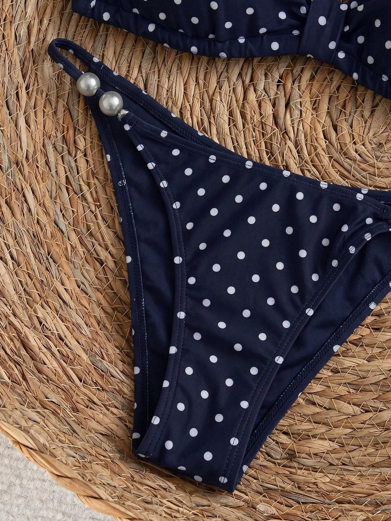 Swim Chiccia Spring/Summer Beaded Decor Polka Dot Halter Tie Bikini Two-Piece Swimsuit Set