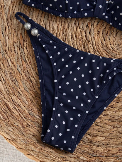 Swim Chiccia Spring/Summer Beaded Decor Polka Dot Halter Tie Bikini Two-Piece Swimsuit Set