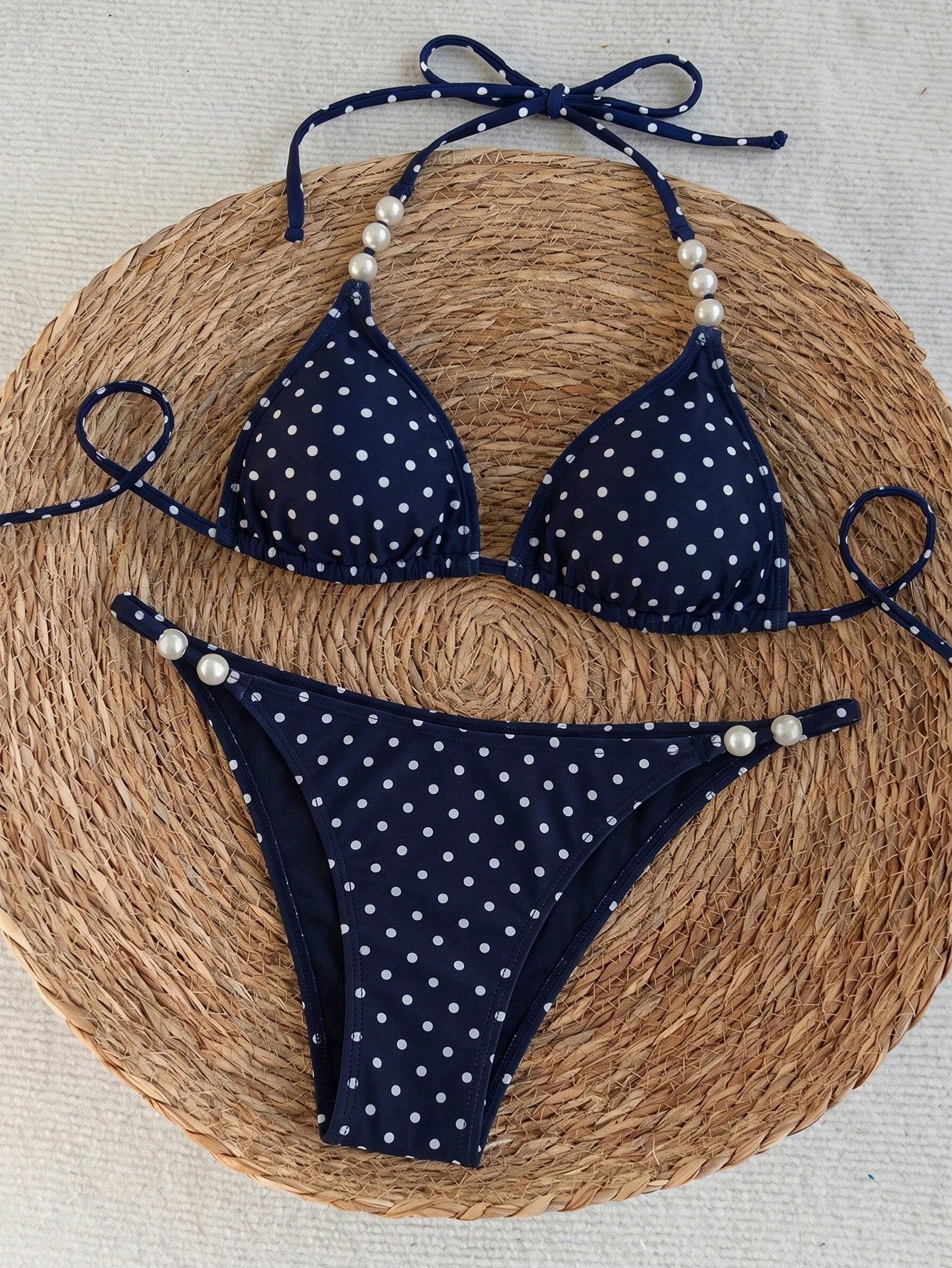 Swim Chiccia Spring/Summer Beaded Decor Polka Dot Halter Tie Bikini Two-Piece Swimsuit Set