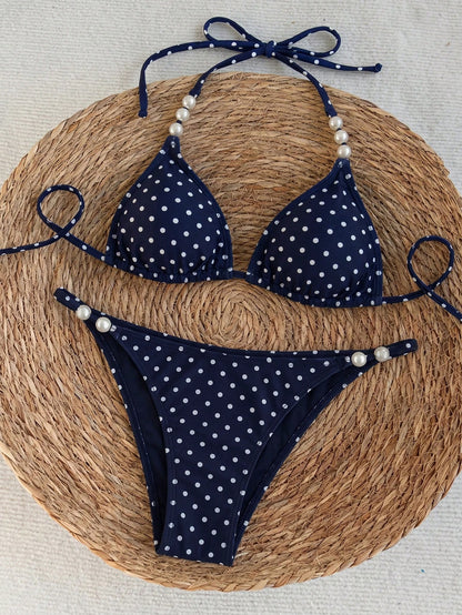 Swim Chiccia Spring/Summer Beaded Decor Polka Dot Halter Tie Bikini Two-Piece Swimsuit Set