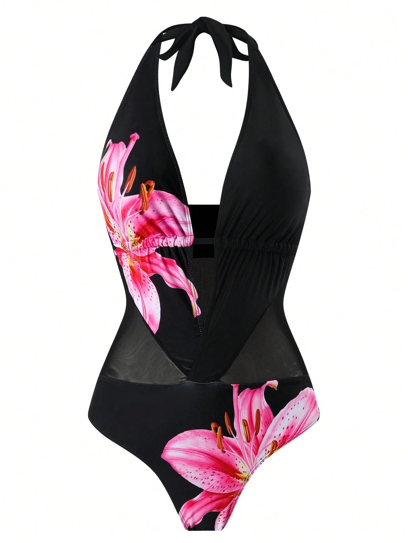 Swim Chiccia Summer Beach Women's Halter Neck Mesh Splice One Piece Swimsuit With Strap