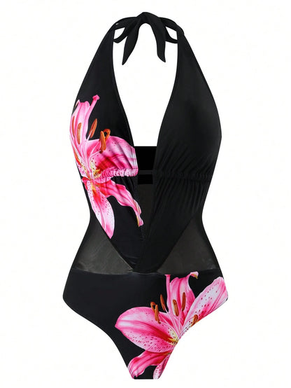 Swim Chiccia Summer Beach Women's Halter Neck Mesh Splice One Piece Swimsuit With Strap