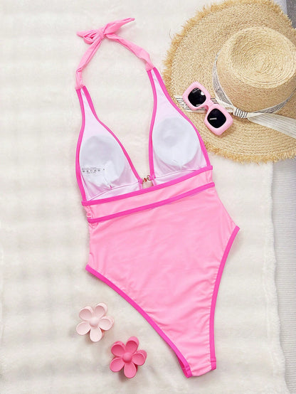 Swim Chiccia Women Deep V Neck Halter Sexy One-Piece Swimsuit, Boho Festival For Summer Beach Vacation