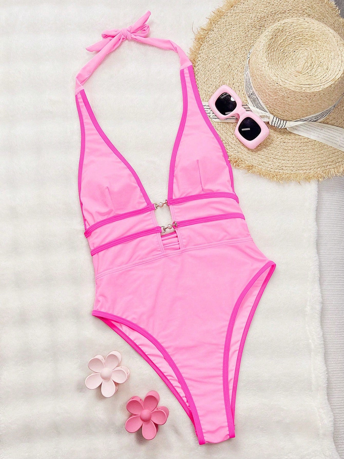 Swim Chiccia Women Deep V Neck Halter Sexy One-Piece Swimsuit, Boho Festival For Summer Beach Vacation