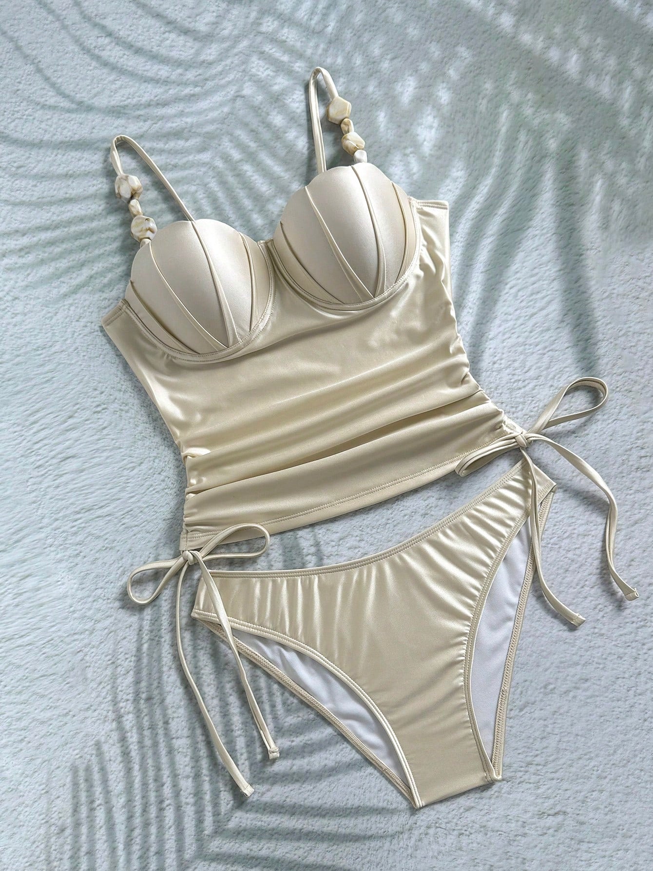 Swim Chiccia Women's Beige Summer Elegant Tropical Beach Holiday Vacation Holiday Beaded Spaghetti Strap Ruched Floral Cup Vintage Camisole&Bikini 2pcs Set