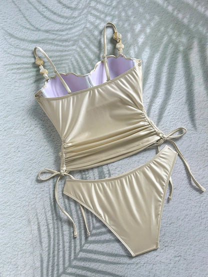 Swim Chiccia Women's Beige Summer Elegant Tropical Beach Holiday Vacation Holiday Beaded Spaghetti Strap Ruched Floral Cup Vintage Camisole&Bikini 2pcs Set