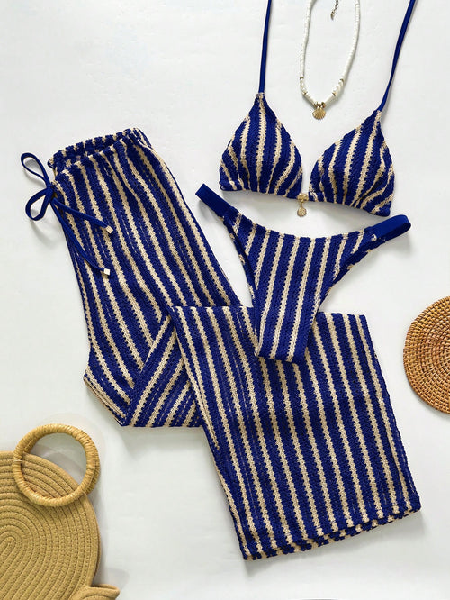 Swim Chiccia Women's Casual Striped Bikini Set For Beach Vacation