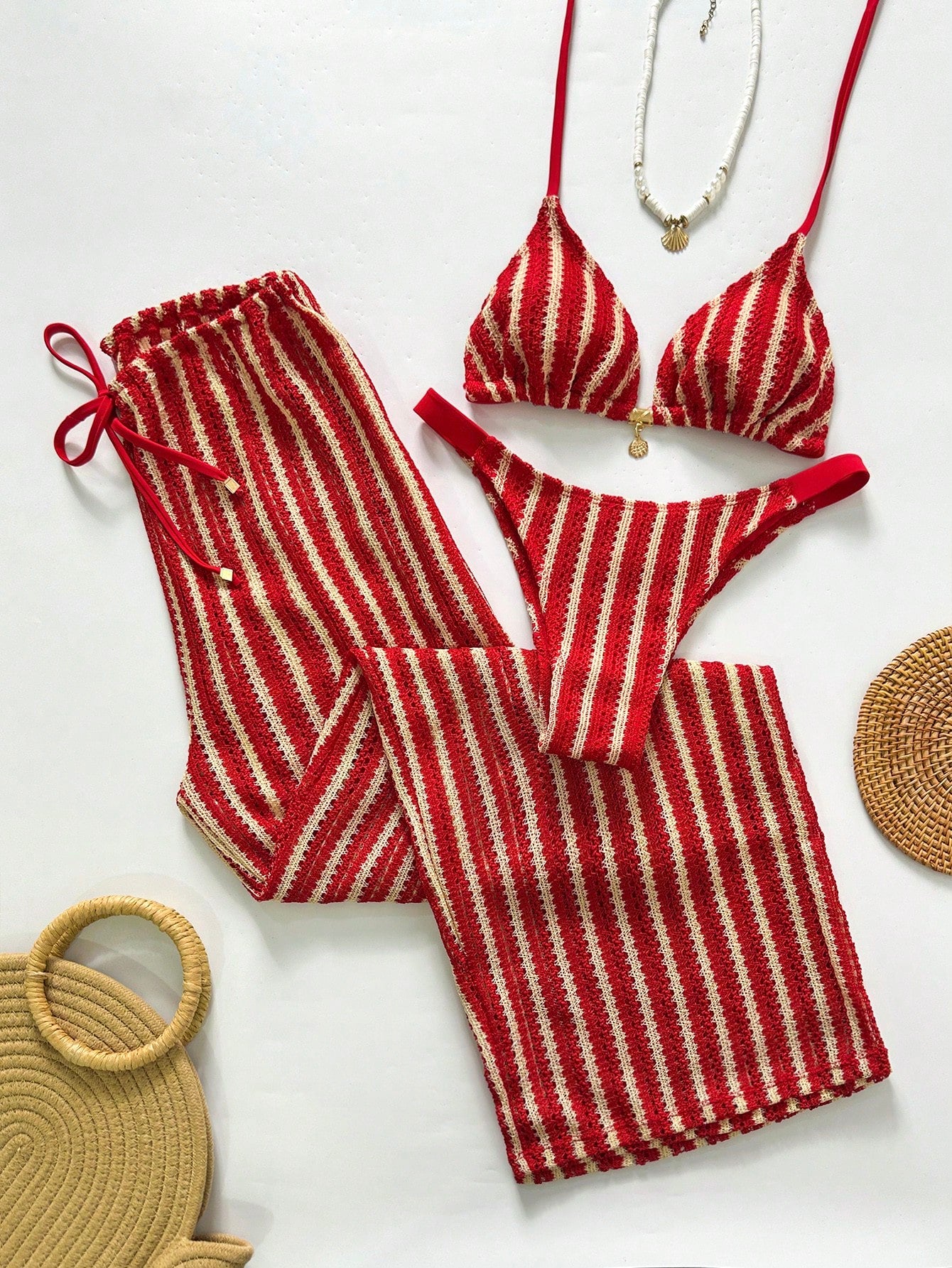 Swim Chiccia Women's Contrast Stripe Bikini Set Red And White Striped Special Fabric High-End Three-Piece Suit With Beach Pants,Summer Casual Holiday Vacation