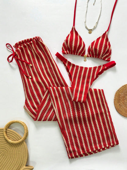Swim Chiccia Women's Contrast Stripe Bikini Set Red And White Striped Special Fabric High-End Three-Piece Suit With Beach Pants,Summer Casual Holiday Vacation
