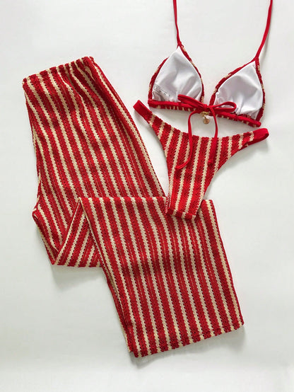 Swim Chiccia Women's Contrast Stripe Bikini Set Red And White Striped Special Fabric High-End Three-Piece Suit With Beach Pants,Summer Casual Holiday Vacation