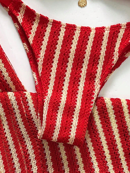 Swim Chiccia Women's Contrast Stripe Bikini Set Red And White Striped Special Fabric High-End Three-Piece Suit With Beach Pants,Summer Casual Holiday Vacation
