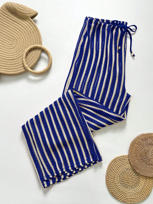 Swim Chiccia Women's Drawstring Waist Striped Patchwork Casual Vacation Travel Cover-Up Long Pants