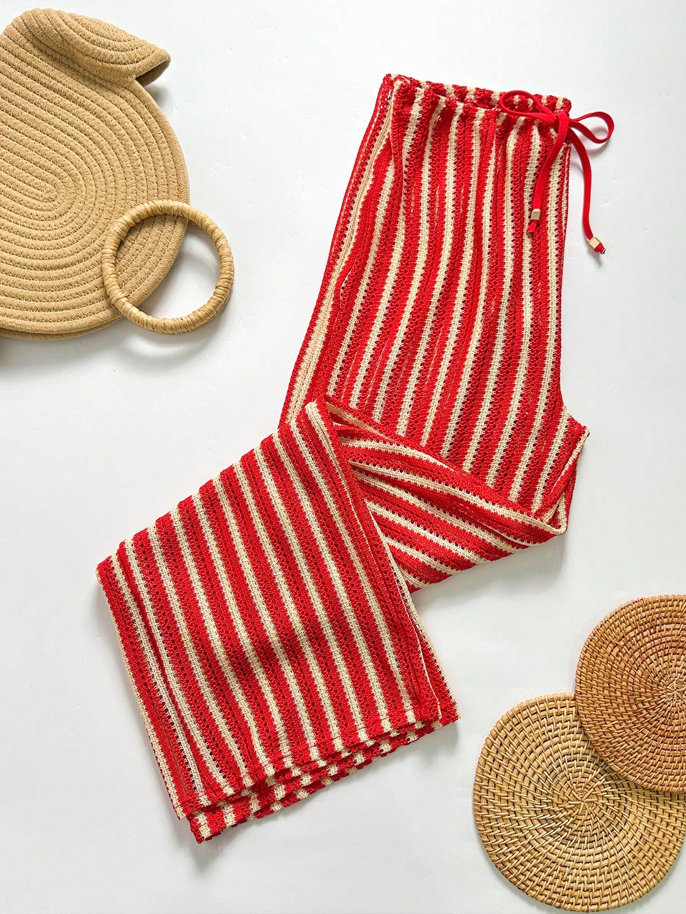 Swim Chiccia Women's Drawstring Waist Striped Patchwork Casual Vacation Travel Cover-Up Long Pants