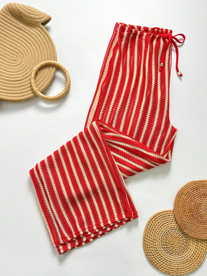 Swim Chiccia Women's Drawstring Waist Striped Patchwork Casual Vacation Travel Cover-Up Long Pants