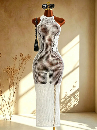 Swim Chiccia Women's Floral Crochet Backless Dress, Elegant For Summer Beach Vacation