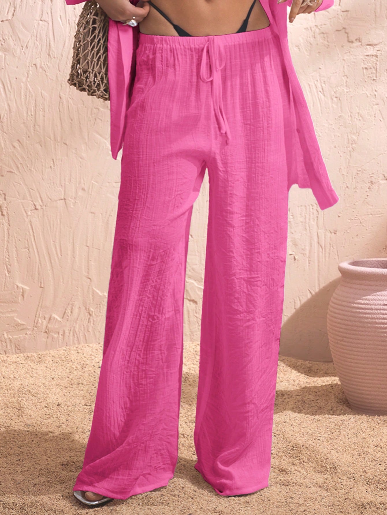 Swim Chiccia Women's Summer Beach Solid Color Tie-Up Wide Leg Pants