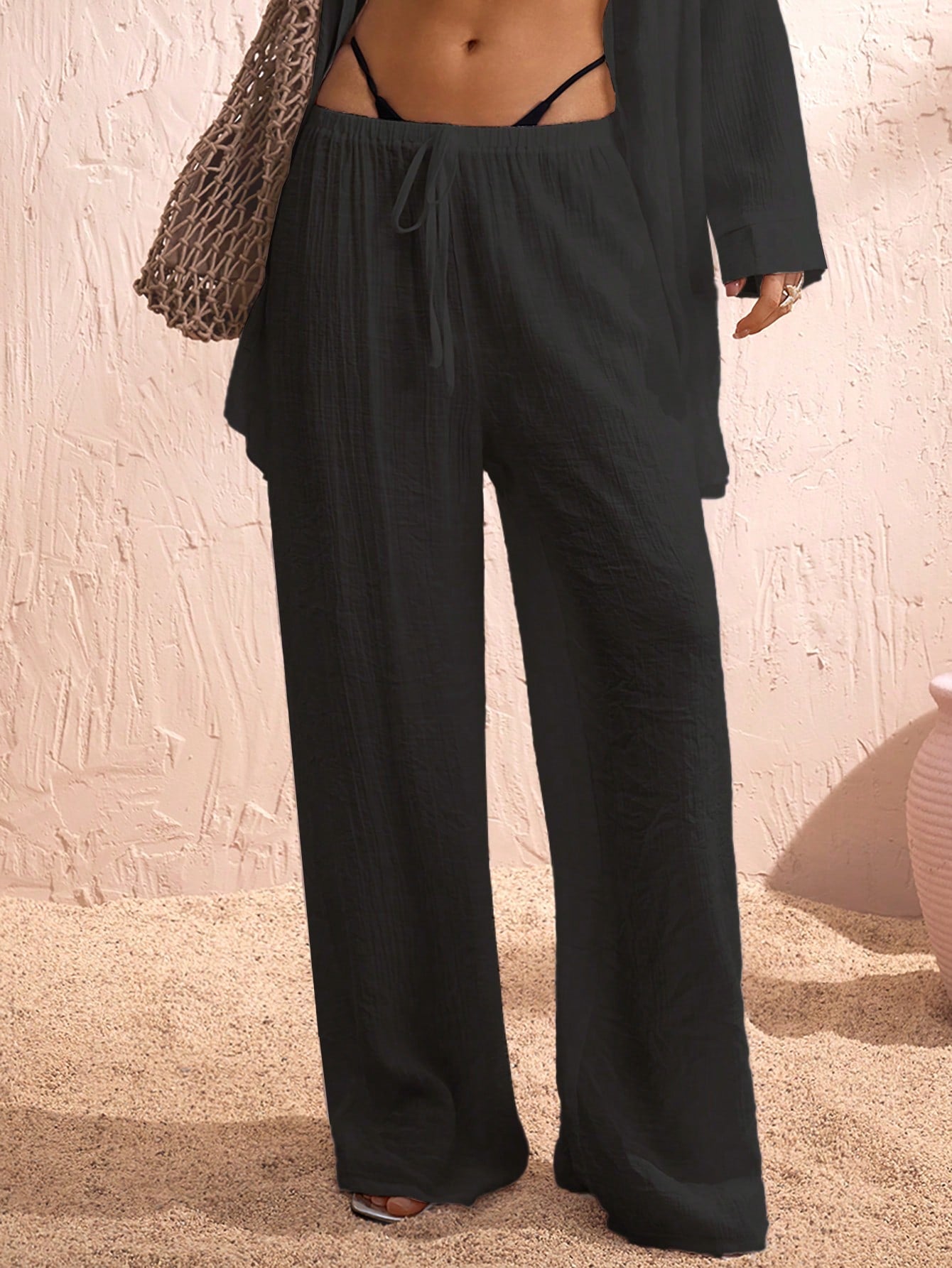 Swim Chiccia Women's Summer Beach Solid Color Tie-Up Wide Leg Pants