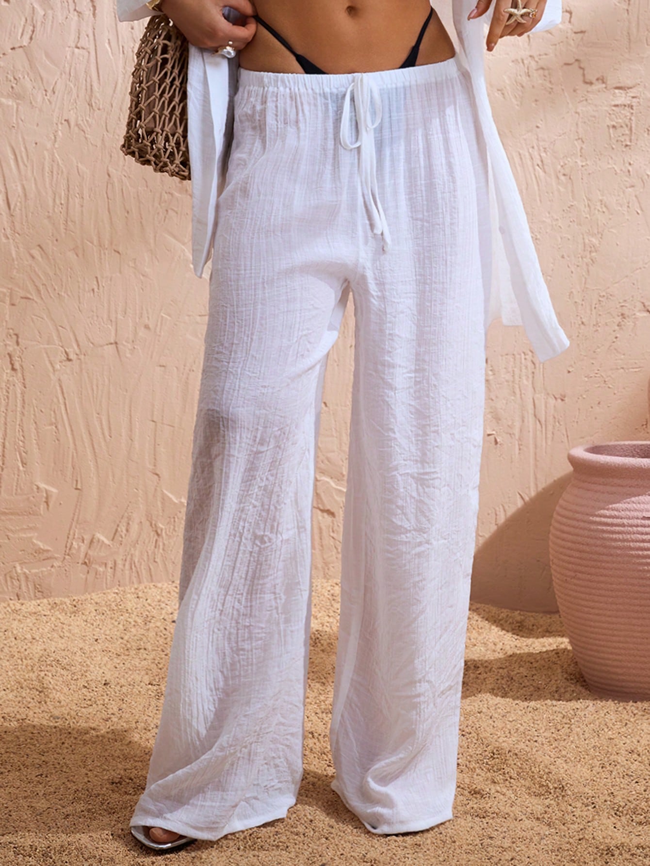 Swim Chiccia Women's Summer Beach Solid Color Tie Waist Wide Leg Pants