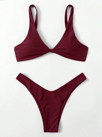 Swim Chiccia Women's Summer Beach Solid Color Twist Front Sexy Bikini Set