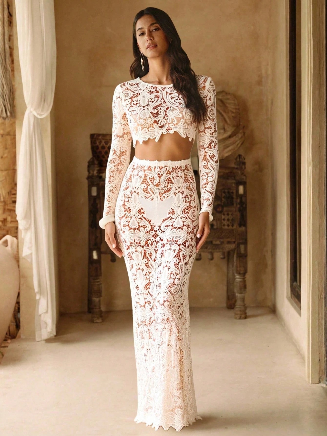 Swim Chiccia Women's White Boho Lace Trim Cover Up Top And Skirt 2 Pieces Set,Long Sleeve,Elegant Summer Holiday Vacation Resort Party Ivory All Party Outfit
