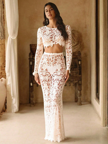 Swim Chiccia Women's White Boho Lace Trim Cover Up Top And Skirt 2 Pieces Set,Long Sleeve,Elegant Summer Holiday Vacation Resort Party Ivory All Party Outfit