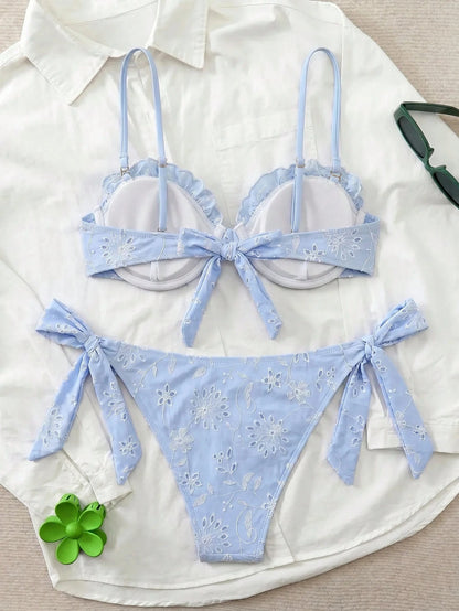 Swim Chicsea Cute Summer Light Blue Floral Underwire Bikini Set,Women's 2pcs Mediterranean Textured Embroidery Swimwear,Elegant Beach Holiday Bohemian Vacation
