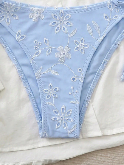 Swim Chicsea Cute Summer Light Blue Floral Underwire Bikini Set,Women's 2pcs Mediterranean Textured Embroidery Swimwear,Elegant Beach Holiday Bohemian Vacation