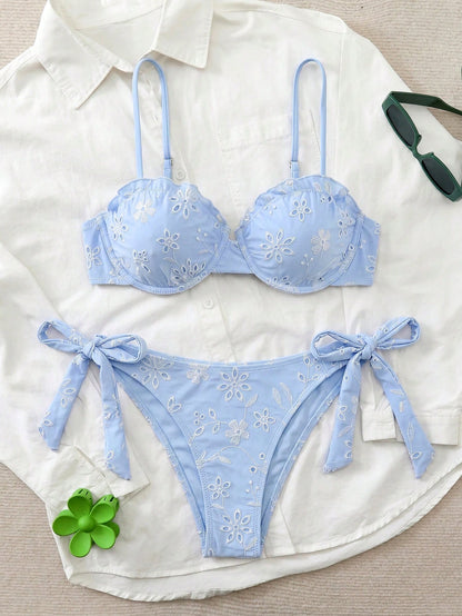Swim Chicsea Cute Summer Light Blue Floral Underwire Bikini Set,Women's 2pcs Mediterranean Textured Embroidery Swimwear,Elegant Beach Holiday Bohemian Vacation