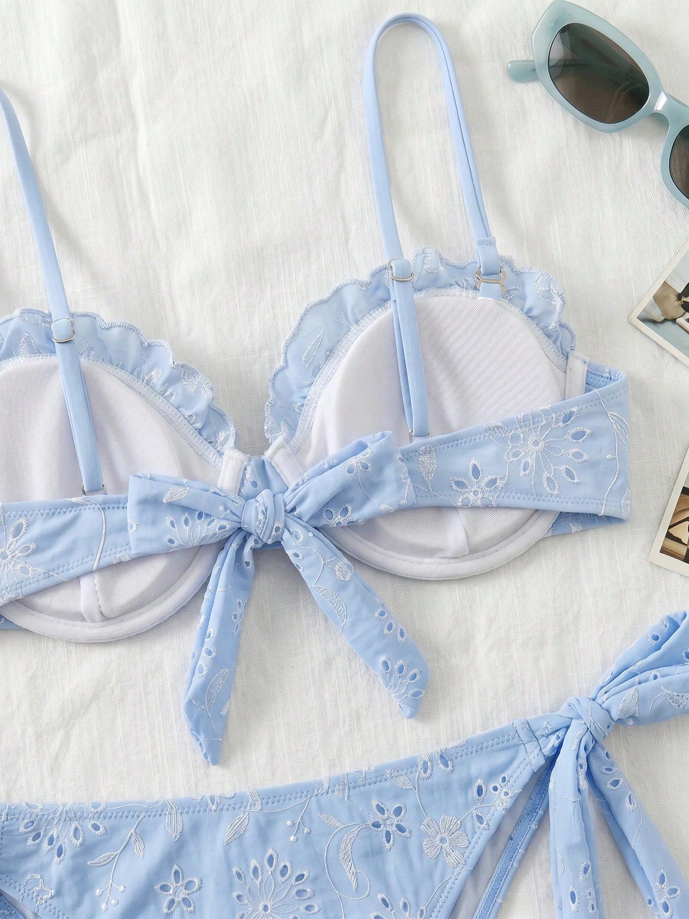 Swim Chicsea Cute Summer Light Blue Floral Underwire Bikini Set,Women's 2pcs Mediterranean Textured Embroidery Swimwear,Elegant Beach Holiday Bohemian Vacation