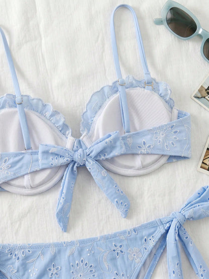 Swim Chicsea Cute Summer Light Blue Floral Underwire Bikini Set,Women's 2pcs Mediterranean Textured Embroidery Swimwear,Elegant Beach Holiday Bohemian Vacation