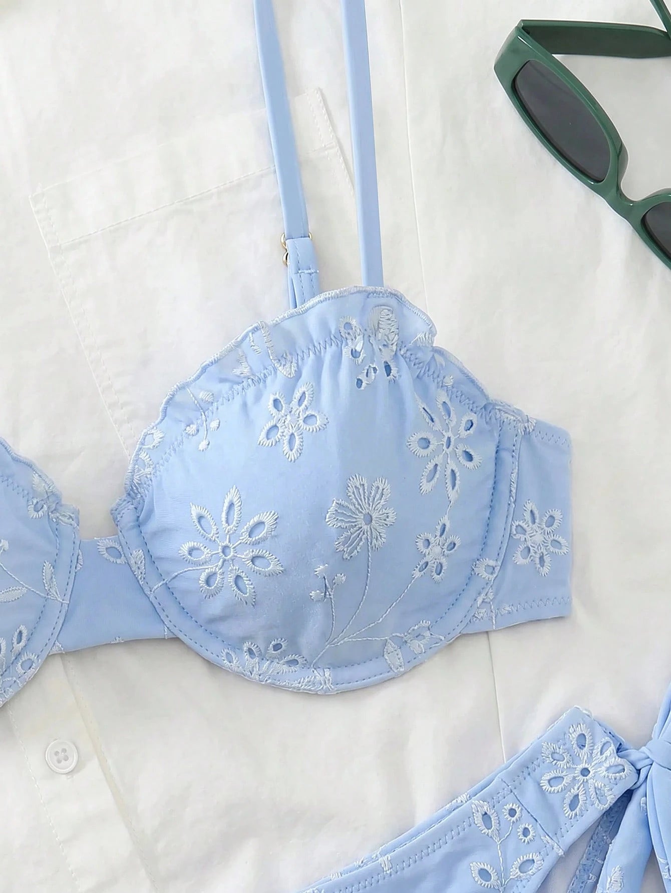 Swim Chicsea Cute Summer Light Blue Floral Underwire Bikini Set,Women's 2pcs Mediterranean Textured Embroidery Swimwear,Elegant Beach Holiday Bohemian Vacation