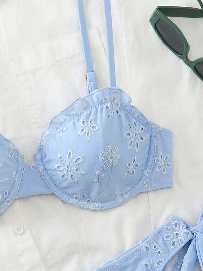 Swim Chicsea Cute Summer Light Blue Floral Underwire Bikini Set,Women's 2pcs Mediterranean Textured Embroidery Swimwear,Elegant Beach Holiday Bohemian Vacation