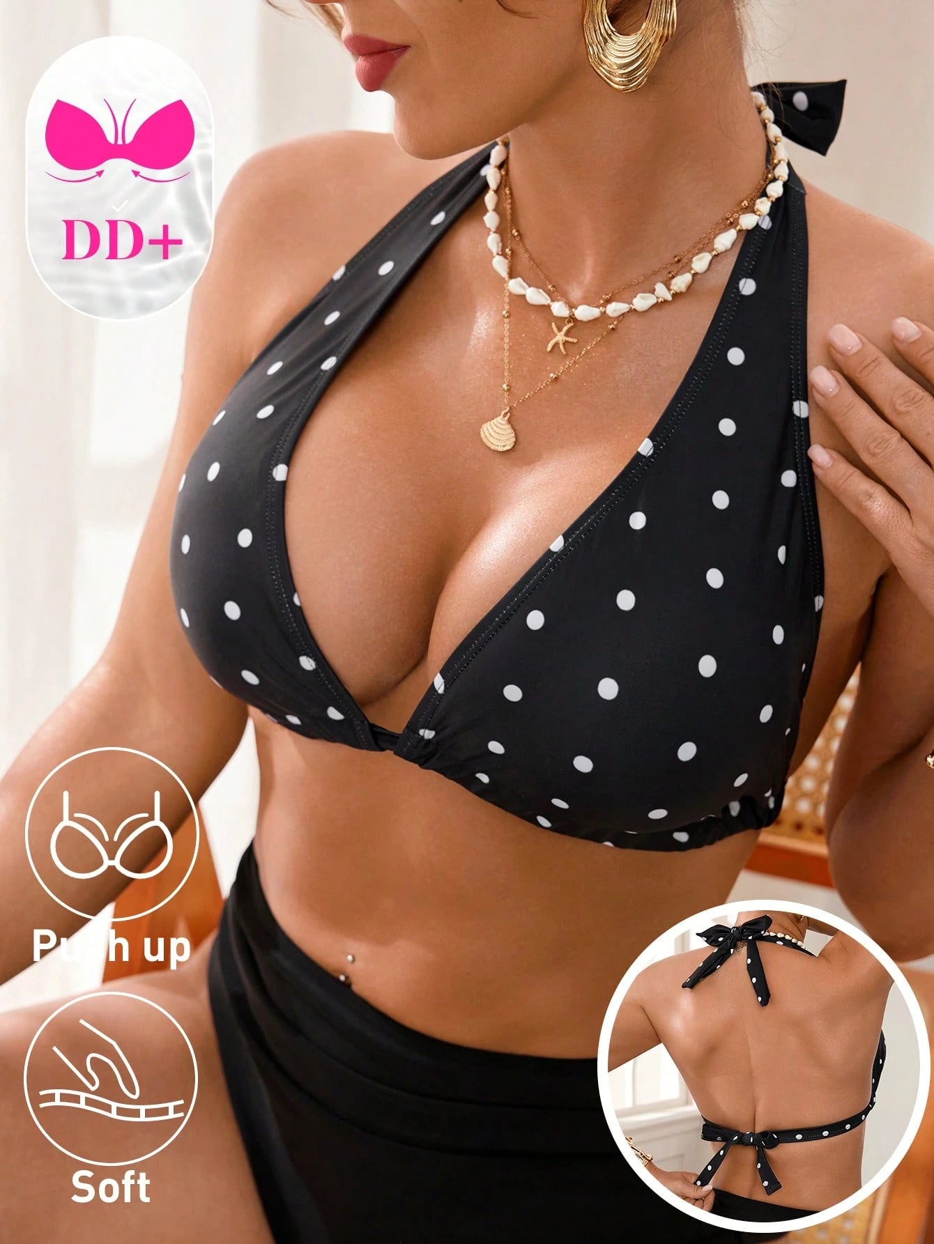 Swim DD+ Women's Polka Dot Print Halter Tie Sexy Bikini Top