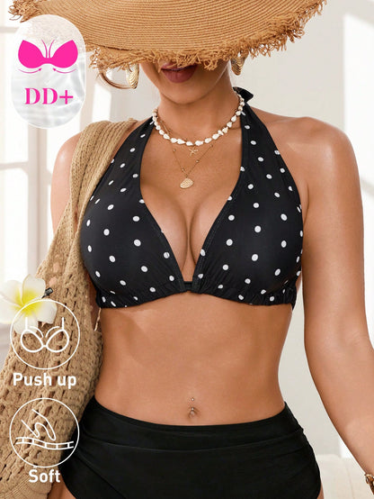 Swim DD+ Women's Polka Dot Print Halter Tie Sexy Bikini Top