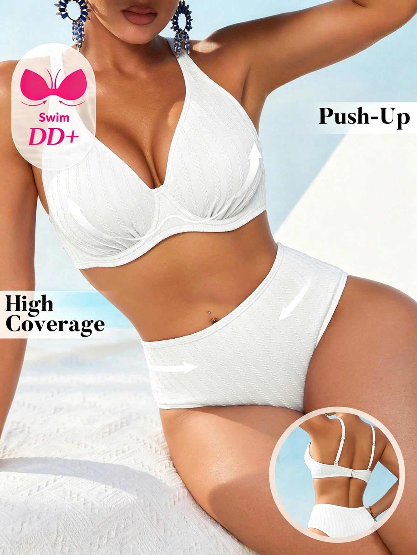 Swim DD+ Women's Sexy Push-Up Underwire Fashion Textured Fabric DD+ Royal Blue High Waist 2 Pieces Summer Bikini Set