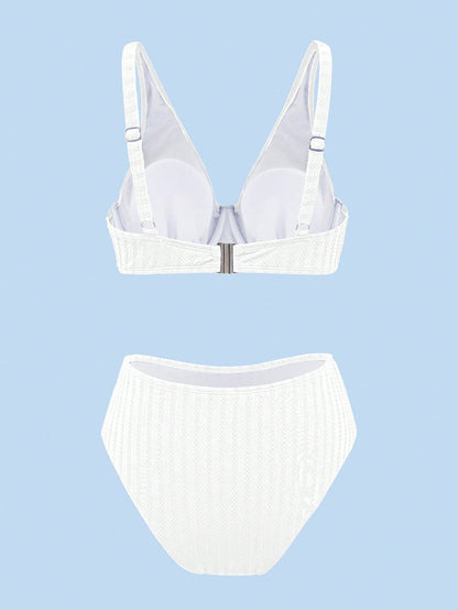 Swim DD+ Women's Sexy Push-Up Underwire Fashion Textured Fabric DD+ Royal Blue High Waist 2 Pieces Summer Bikini Set