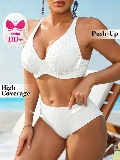 Swim DD+ Women's Sexy Push-Up Underwire Fashion Textured Fabric DD+ Royal Blue High Waist 2 Pieces Summer Bikini Set