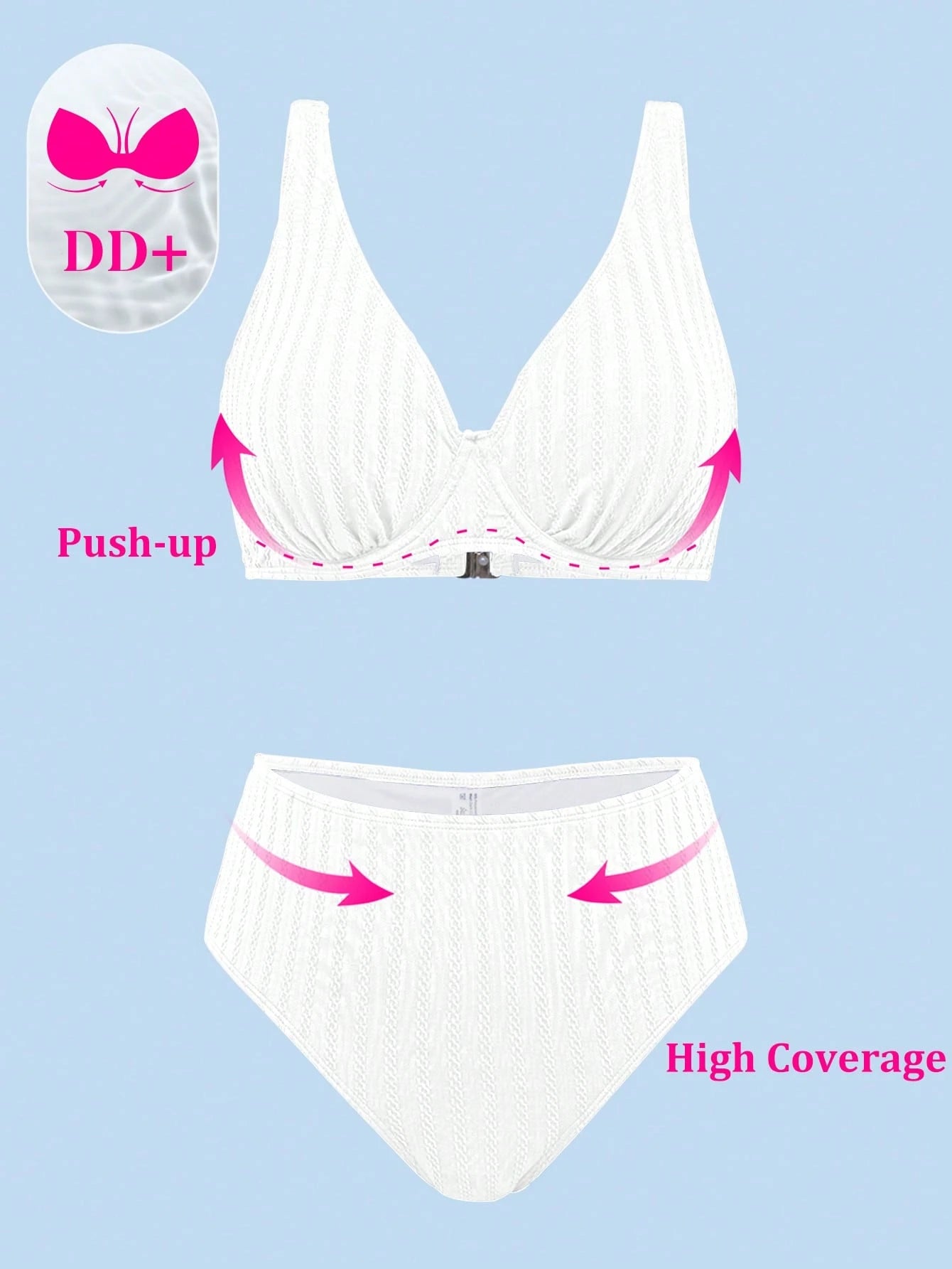 Swim DD+ Women's Sexy Push-Up Underwire Fashion Textured Fabric DD+ Royal Blue High Waist 2 Pieces Summer Bikini Set