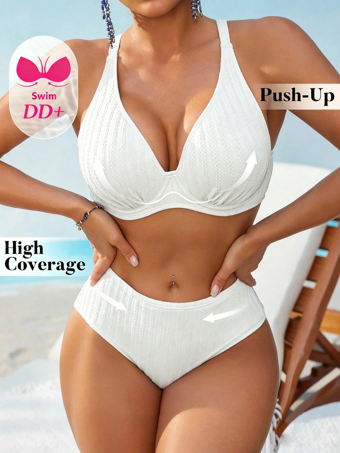 Swim DD+ Women's Sexy Push-Up Underwire Fashion Textured Fabric DD+ Royal Blue High Waist 2 Pieces Summer Bikini Set
