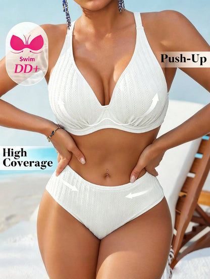 Swim DD+ Women's Sexy Push-Up Underwire Fashion Textured Fabric DD+ Royal Blue High Waist 2 Pieces Summer Bikini Set
