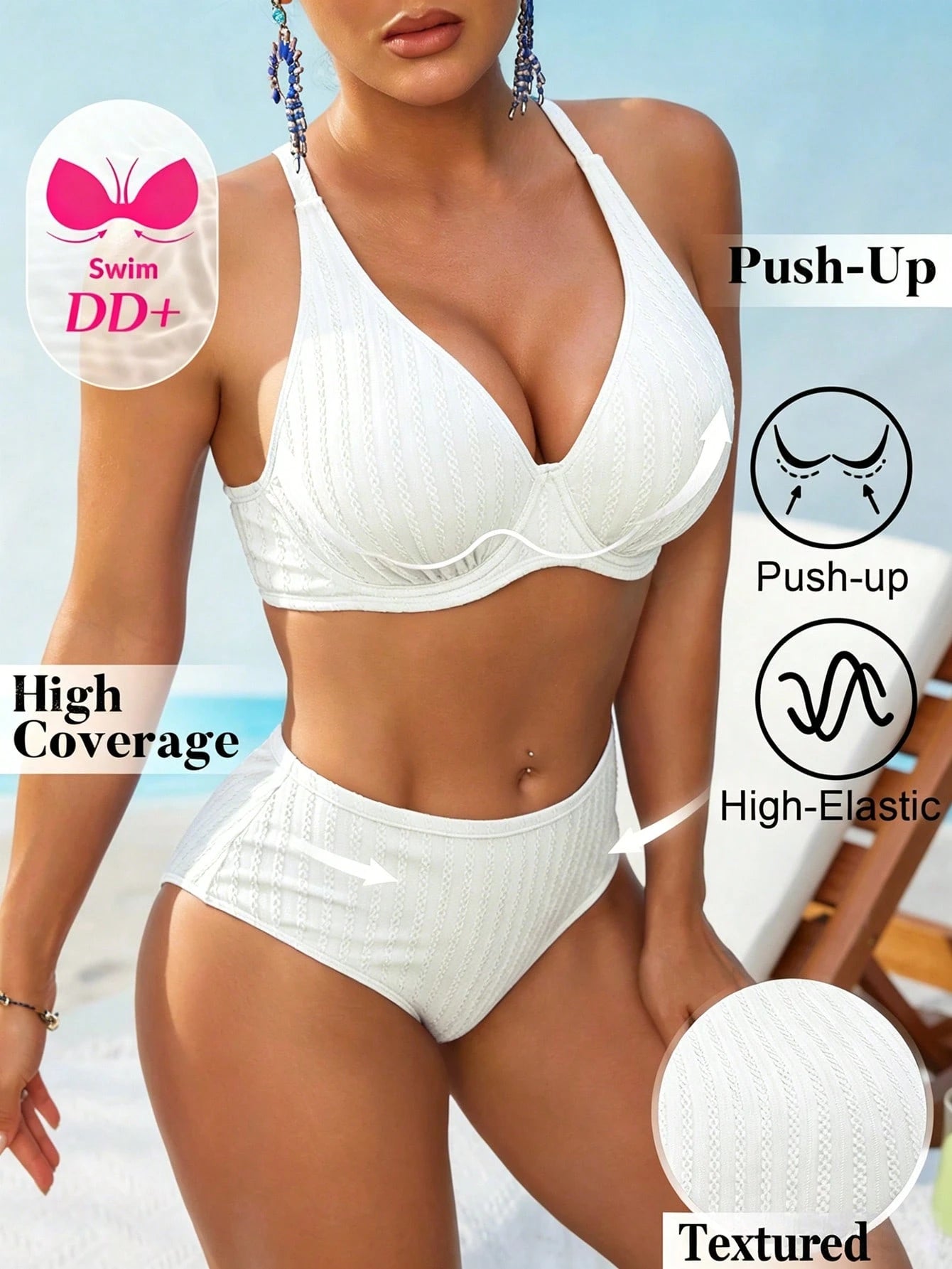 Swim DD+ Women's Sexy Push-Up Underwire Fashion Textured Fabric DD+ Royal Blue High Waist 2 Pieces Summer Bikini Set