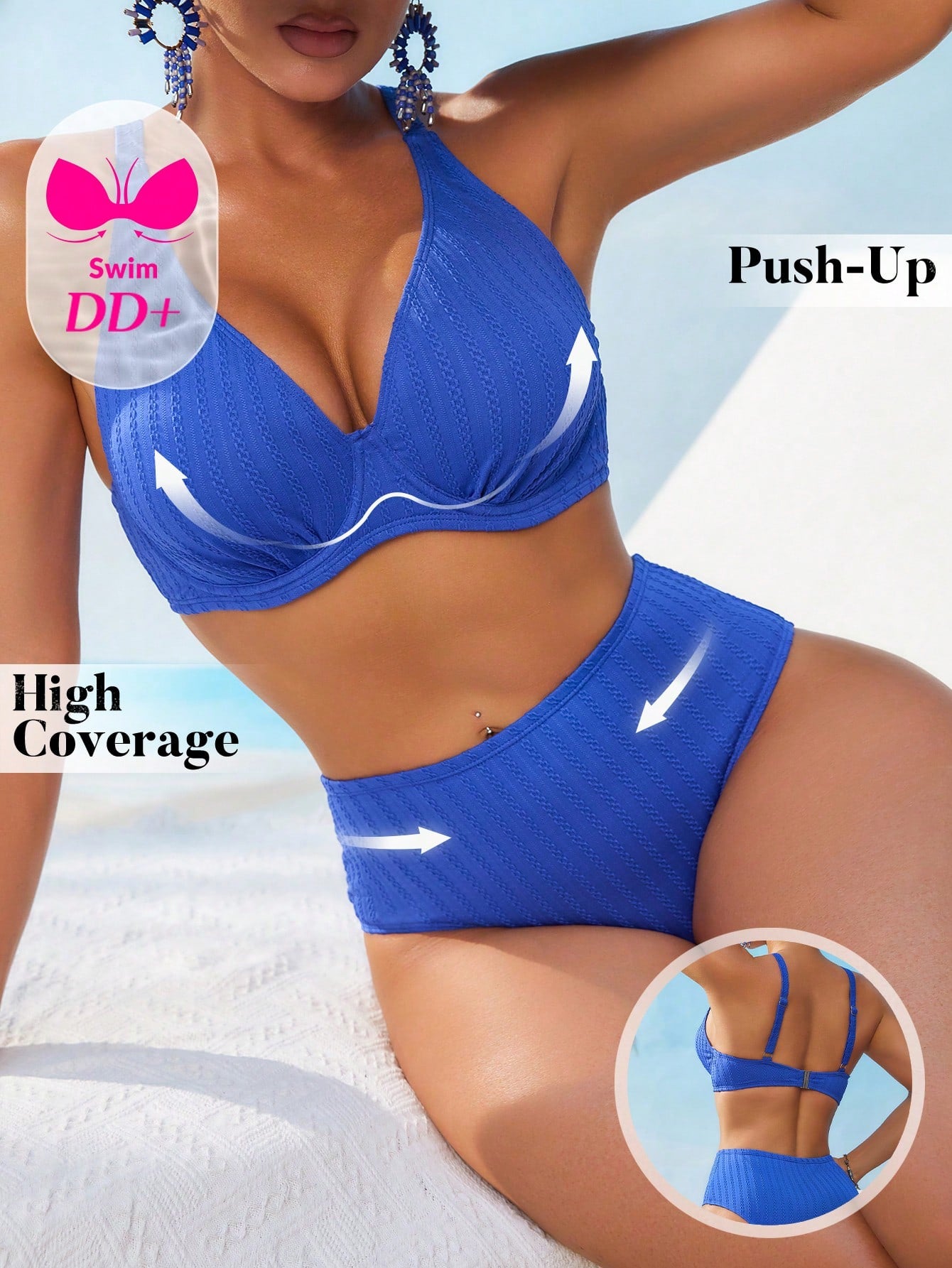 Swim DD+ Women's Sexy Push-Up Underwire Fashion Textured Fabric DD+ Royal Blue High Waist 2 Pieces Summer Bikini Set
