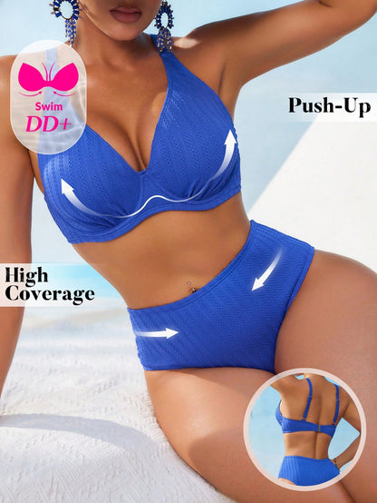 Swim DD+ Women's Sexy Push-Up Underwire Fashion Textured Fabric DD+ Royal Blue High Waist 2 Pieces Summer Bikini Set