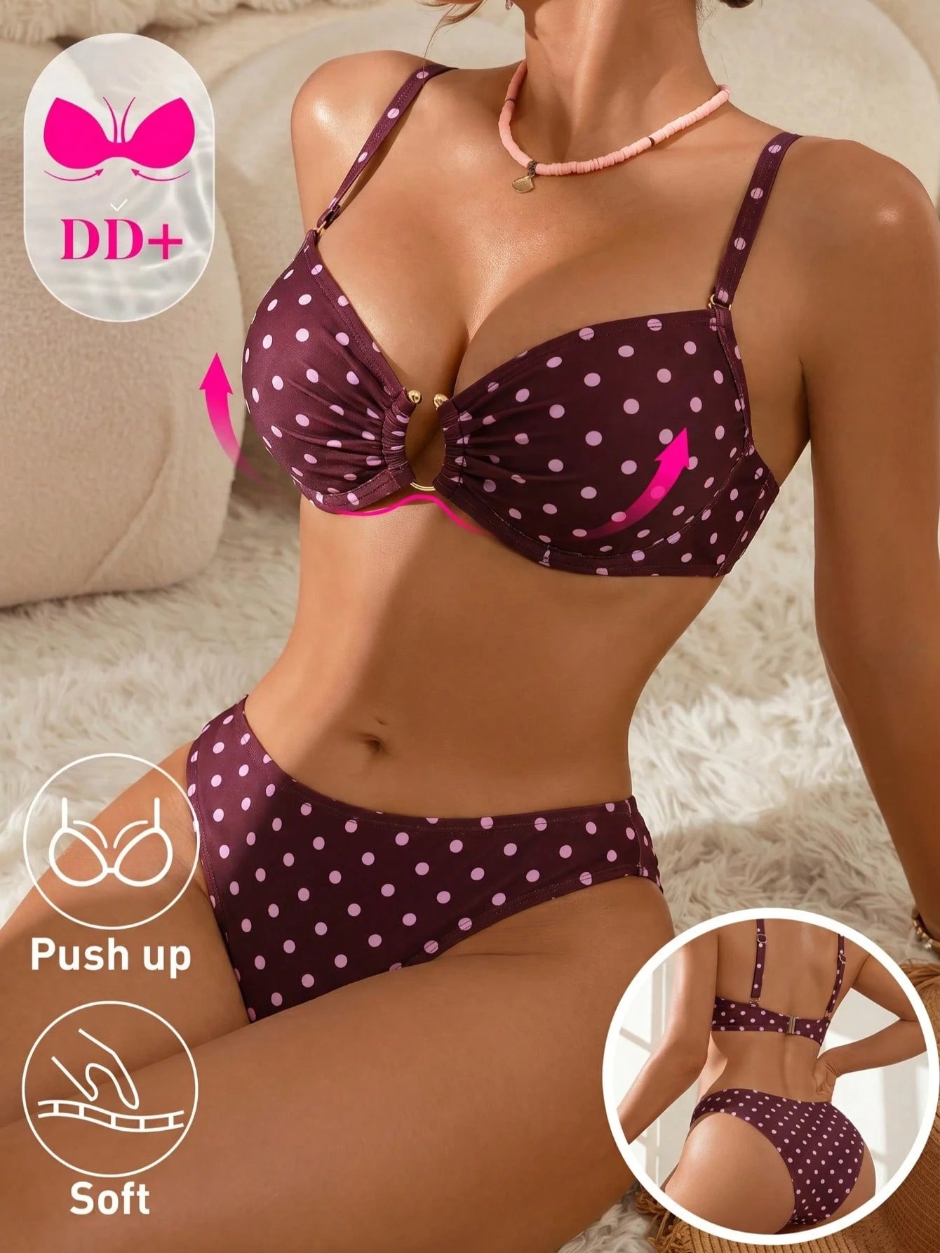 Swim DD+ Women's Summer Beach Polka Dot Ruched Spaghetti Strap Bikini And Triangle Bottom Two-Piece Swimsuit Set