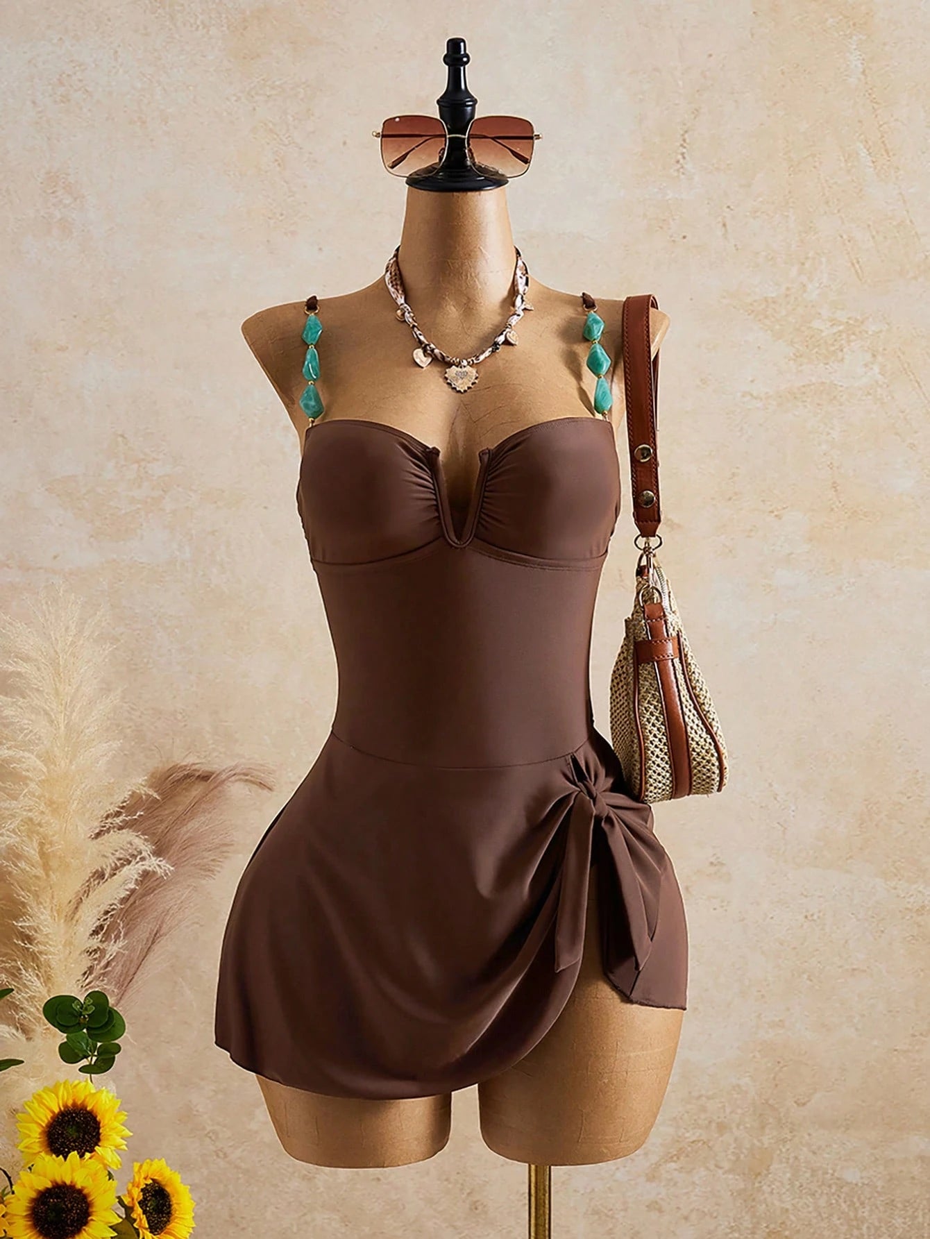 Swim Lushoire 1pc Women Beach Dress,Coffee Brown,Summer,Casual,Holiday,Vacation,Holiday, Retro V-Neck Design With Gemstone Decor,Waist Cinching,Elegant