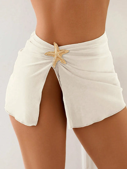 Swim Lushoire 1pc Women's Sexy Side Starfish Accessory Beach Vacation Solid Color Split Cover-Up For Summer